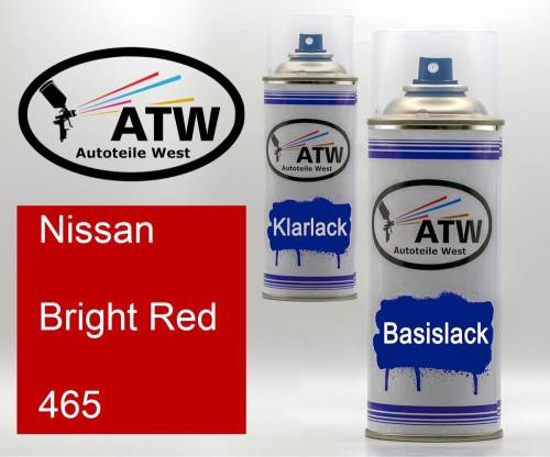 Nissan, Bright Red, 465: 400ml Sprühdose + 400ml Klarlack - Set, von ATW Autoteile West.